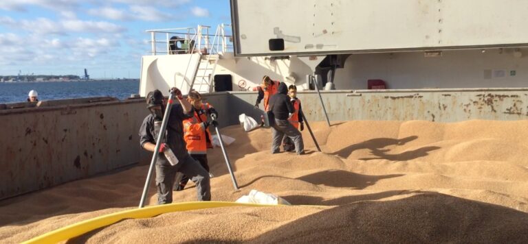 fumigation team fumigating a grain shipment on a ship deck