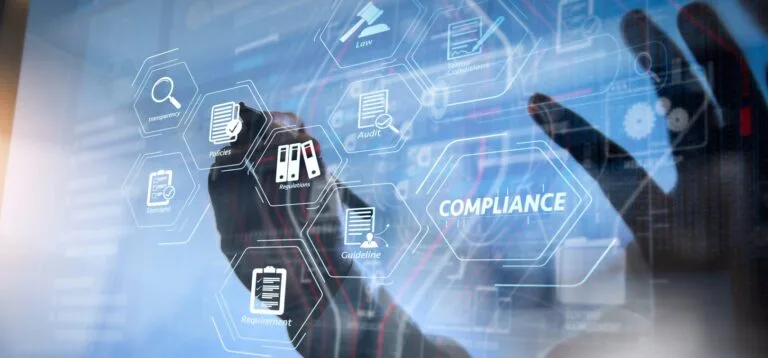 Compliance Virtual Diagram for regulations, law, standards, requirements and audit.co working team meeting concept,businessman using smart phone and digital tablet and laptop computer in modern office