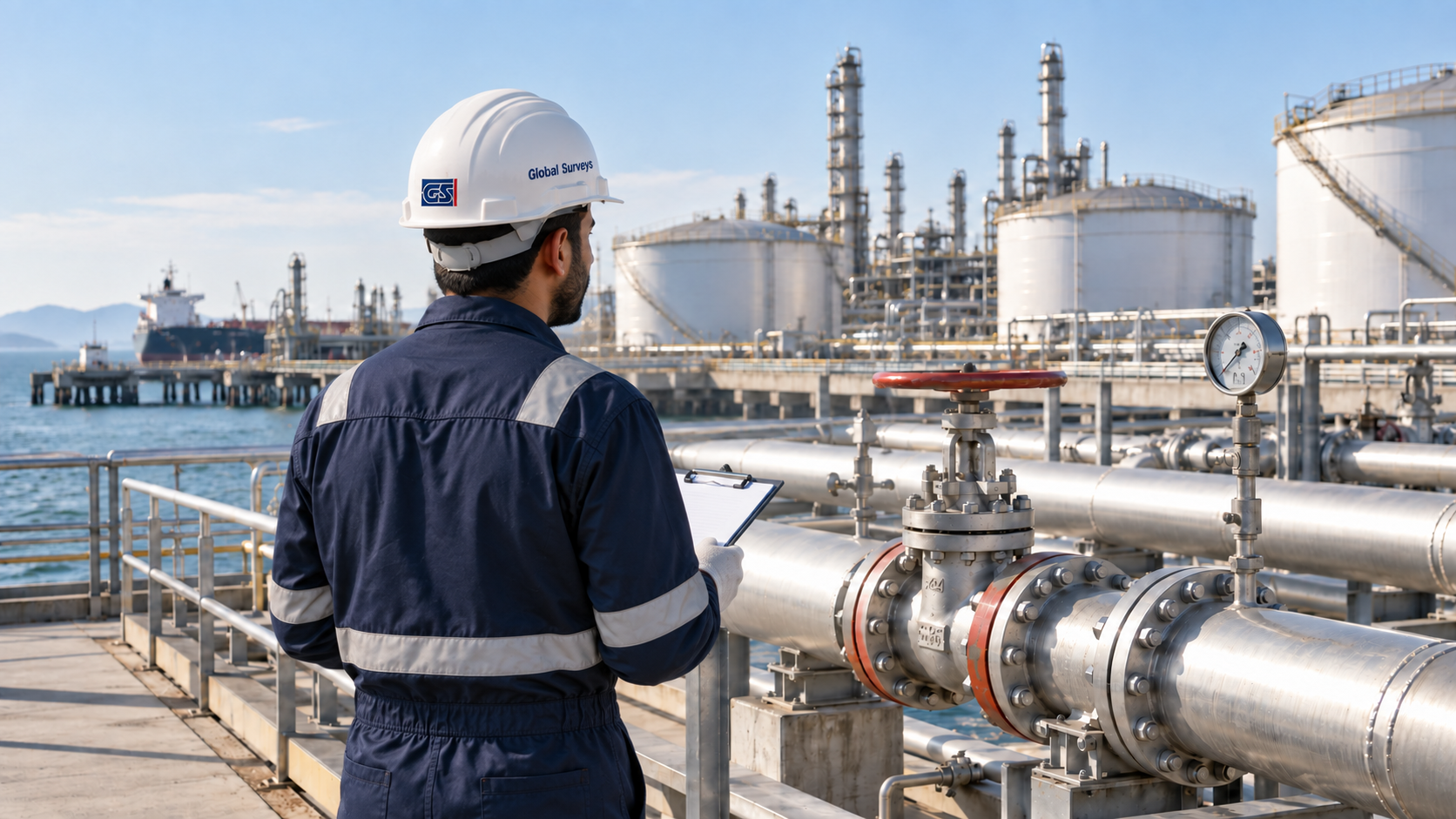 Inspector examining pipework and a pressure gauge at an oil and gas terminal